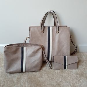 3 piece handbag set - tan with racing stripes